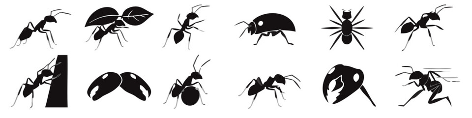 Various insect silhouettes including ants a ladybug and a spider against a white background ©  Sifat Visuals
