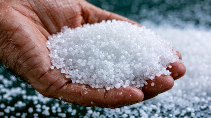 Fototapeta premium Hand Holding White Plastic Polymer Granules | Polyethylene Resin Pellets for Industrial Manufacturing
