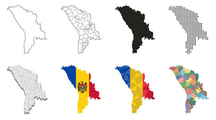 Obraz premium Moldova European Country Map Set Featuring Outline, Isometric, Flag Color, and Geometric Vector Illustrations