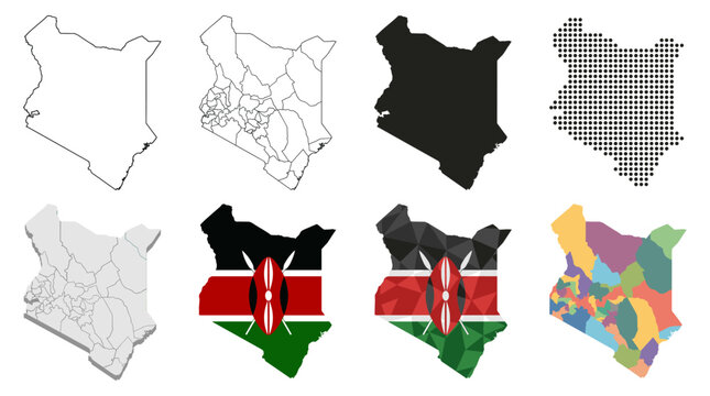Kenya East African Country Map Set Featuring Outline, Isometric, Flag Color, and Geometric Vector Illustrations