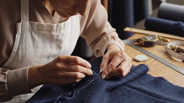 A dedicated professional tailor wearing a practical apron meticulously performs hand stitching on thick dark wool fabric while utilizing traditional sewing tools placed across their wooden