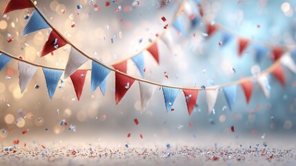 Fototapeta premium Red white blue ribbon curling through festive confetti with warm golden bokeh and soft summer glow for cheerful celebration, with ribbon, red, white, blue detail