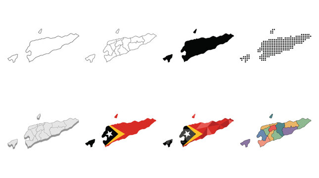 Timor-Leste Map Set Featuring Outline, Isometric, Flag Color, and Geometric Vector Illustrations