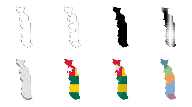 Togo Map Set Featuring Outline, Isometric, Flag Color, and Geometric Vector Illustrations