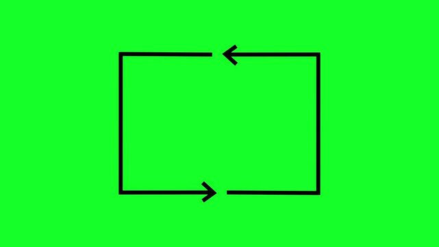Animated black rectangle with arrow path loop. Dotted Rectangle arrow symbol sign isolated on green screen background.