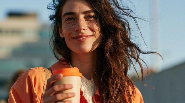 Close-up portrait of a young woman with long, wavy hair. she is holding a coffee cup in her right hand and is smiling at the camera.