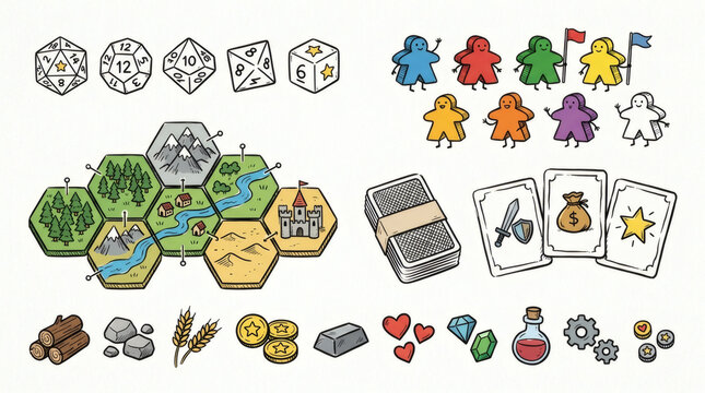 Set of playful hand drawn board game illustrations. Doodle drawings of polyhedral dice, meeples, hex tiles, card decks and resource tokens. Clean line art in retro style, isolated on white background