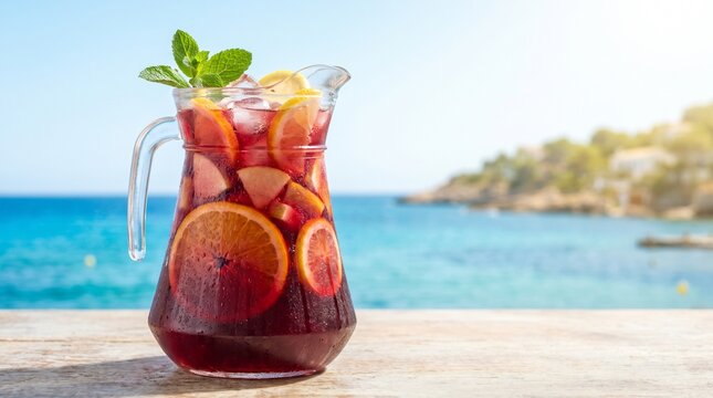 Chilled glass pitcher of Spanish red wine sangria with fresh fruits and copy space