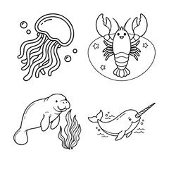 Cute jellyfish lobster manatee and narwhal line art coloring page © AbdullahAl