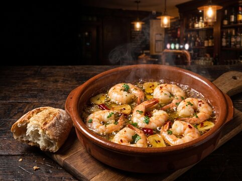 Sizzling Spanish gambas al ajillo garlic shrimp in clay dish with copy space