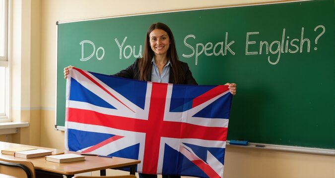English teacher holding flag of United Kingdom at green chalkboard with phrase Do You Speak English? in classroom
