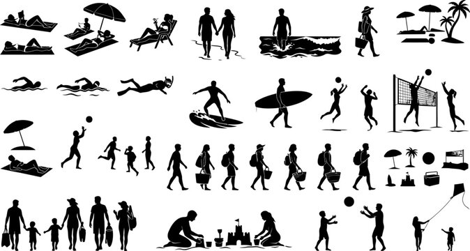Collection of various people enjoying beach vacation and leisure activities in silhouette