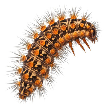 Orange and black striped caterpillar crawling on white