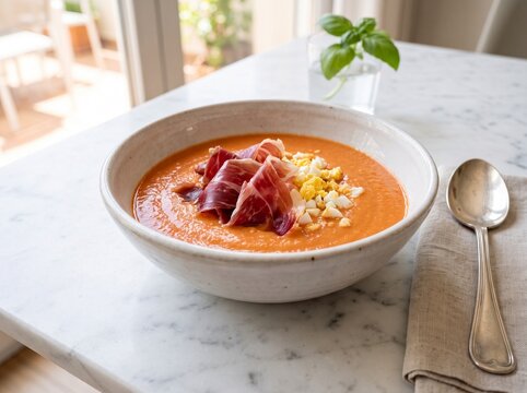 Creamy Spanish salmorejo soup topped with cured ham and egg with copy space