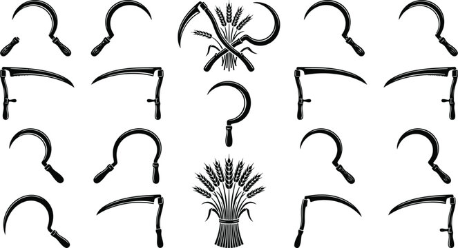 Vintage grim reaper scythes sickles hooks and agricultural wheat harvest tool symbols vector illustration on white.