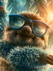 Fototapeta premium A lazy sloth hung from a tree branch, wearing blue sunglasses