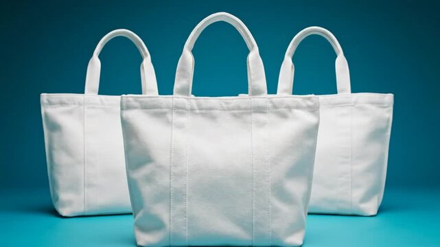 Three clean white canvas tote bags on a turquoise background, minimalist product concept