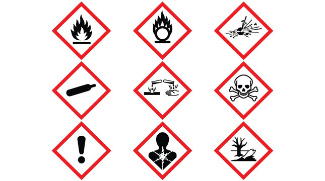 Nine distinct global chemical hazard symbols displayed in red diamond frames for industrial safety signage design