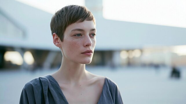 Portrait of a young woman with short, pixie cut hair. she is standing in front of a modern building with a blurred background.