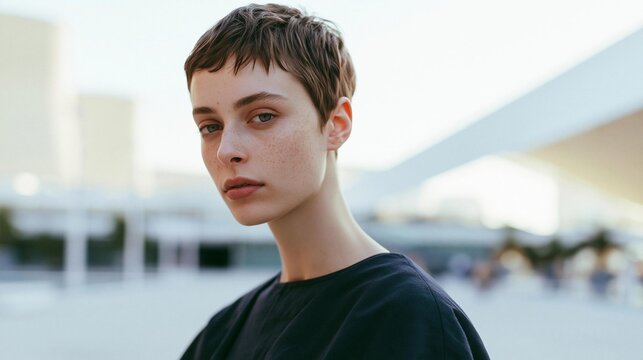 Close-up portrait of a young woman with short, pixie cut hair. she is standing outdoors, with a blurred background of buildings and a clear blue sky.