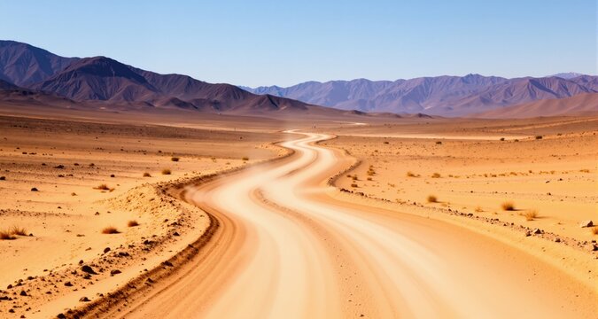 Meandering dusty road across sandy desert terrain framed by remote mountains and a clear sky
