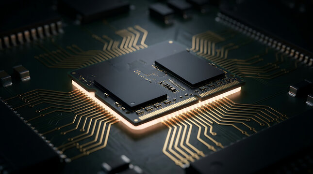 Advanced Microprocessor and RAM Memory Chip on Futuristic Digital Circuitry Board with Glowing Gold Light