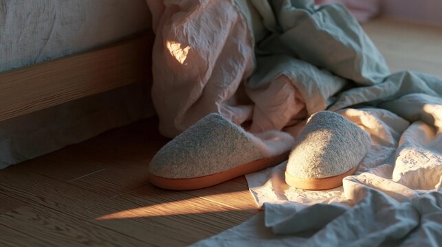 Pair of slippers on a wooden floor next to a bed. the slippers are light grey in color and appear to be made of a soft, fuzzy material.