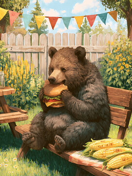 A brown bear cub is eating a big burger