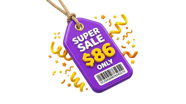 Vector illustration of 3d render of a purple price tag with super sale text and 86 dollar price on a transparent background