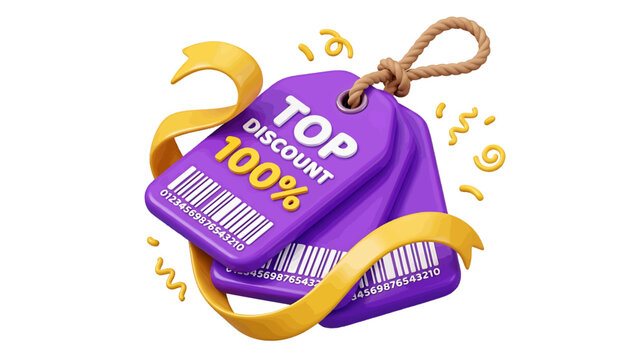 Vector illustration of 3d render of purple sale tags with 100 percent discount and barcode on a transparent background