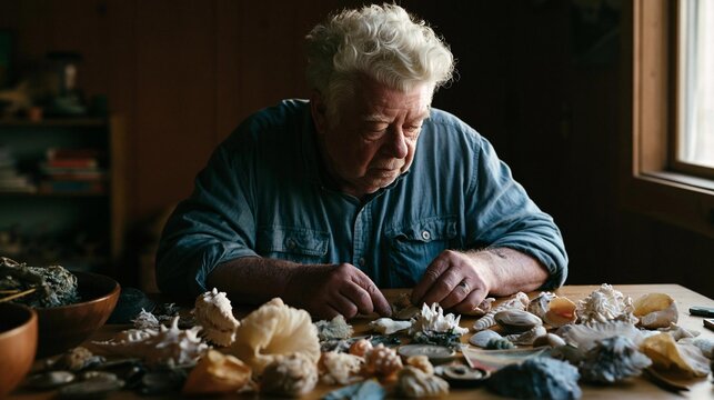 Elderly man sitting at a wooden table with a pile of seashells in front of him. he is wearing a blue denim shirt and appears to be working on a craft project.