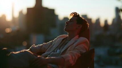 Fototapeta premium Young man sitting on a chair with his eyes closed and his head tilted back, enjoying the view of a city skyline at sunset.