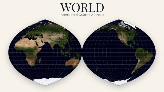 Animated world map projection video. Interrupted Quartic Authalic projection. NASA Blue Marble topography, white graticule, light background. Seamless loop, 4K. | Stock contributor at Adobe Stock.