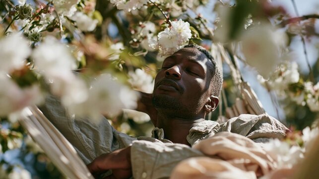 Man lying in a hammock under a tree with white flowers. he is wearing a beige shirt and appears to be relaxed and enjoying the moment.