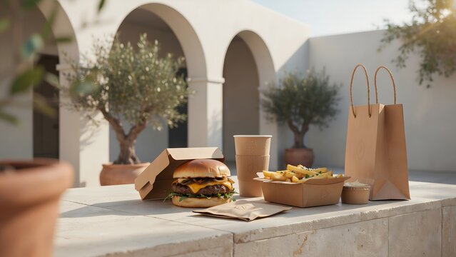 Fast food picnic with burger and fries in mediterranean courtyard fastfood takeaway courtyard mediterranean sunlight relaxing delicious junkfood restaurant culinary packaging hospitality
