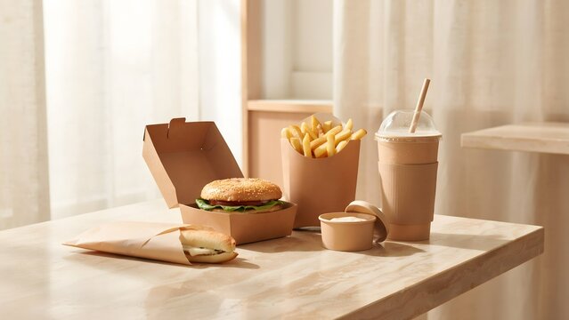 Takeout burger meal on table with delivery packaging hamburger beverage background unhealthy convenient appetizing takeaway lifestyle