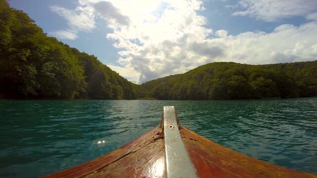 Point of view of a small boat cruising on the Plitvice Lakes in the Plitvice lakes National Park, Croatia