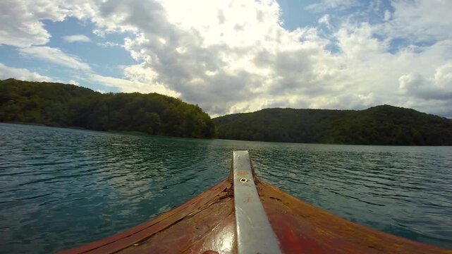 Point of view of a small boat cruising on the Plitvice Lakes in the Plitvice lakes National Park, Croatia