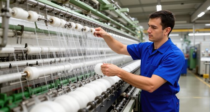 Factory worker adjusting polypropylene yarn production line
