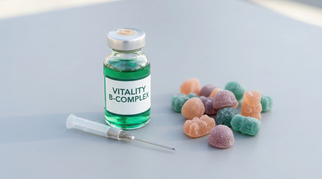 Vitamin b complex injection with colorful gummy candies on a gray surface