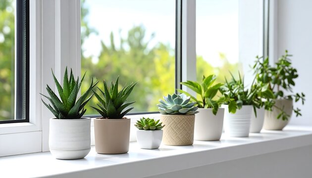 Various potted succulent plants placed on a window sill