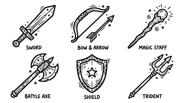 Fantasy RPG Weapons and Magical Items Doodle Style Labeled Set featuring Sword Bow and Arrow Magic Staff Battle Axe Shield and Trident Vector Icons