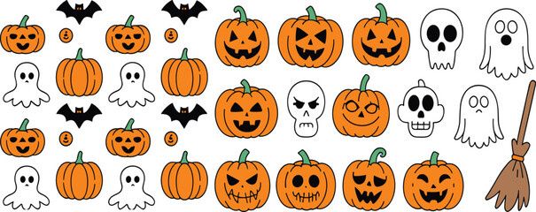 Fototapeta premium Cute Halloween Icon Collection with Jack O Lantern Pumpkins Ghosts Skulls Bats and Witch Broom Cartoon Vector Set