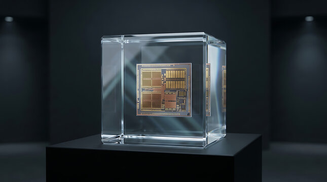 High Tech Computer RAM Memory Chip Encased Inside a Transparent Glass Crystal Cube for Future Digital Innovation