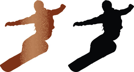Snowboarder silhouette vector set, extreme winter sports athlete jumping, brown textured and black solid snowboarder icons for winter resort branding © StyleGraphicArt