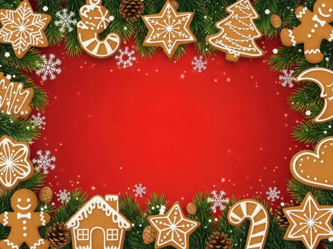 Christmas gingerbread cookies frame with pine branches and snowflakes