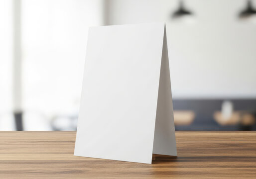 Blank white table tent menu card standing on a wooden restaurant table