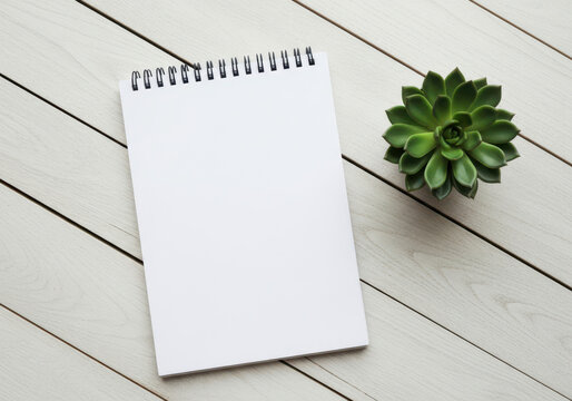 Blank spiral notebook and small green succulent on a light wooden table