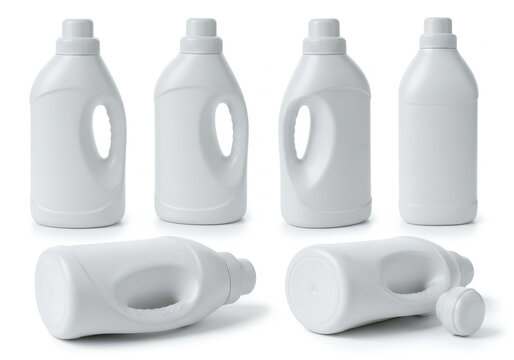 Set of white plastic detergent bottles for laundry and cleaning products