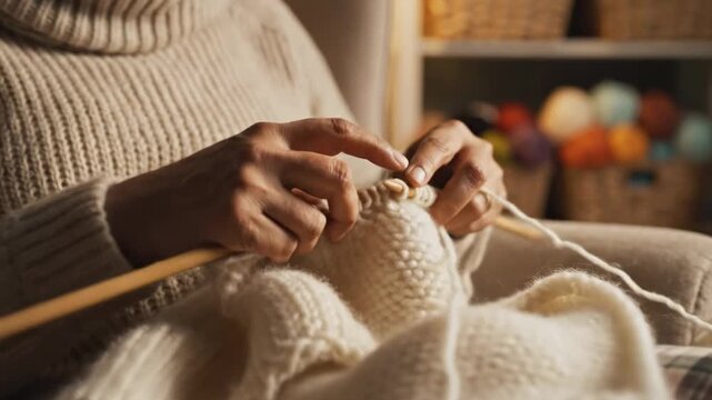 A woman wears a cozy beige sweater while sitting in a comfortable chair and using wooden needles to craft a warm white garment during a peaceful evening spent at home near her yarn collection